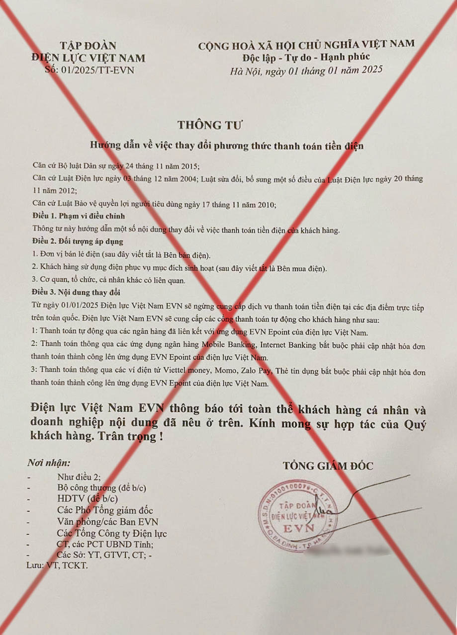 Cảnh giác với văn bản giả mạo ngành Điện